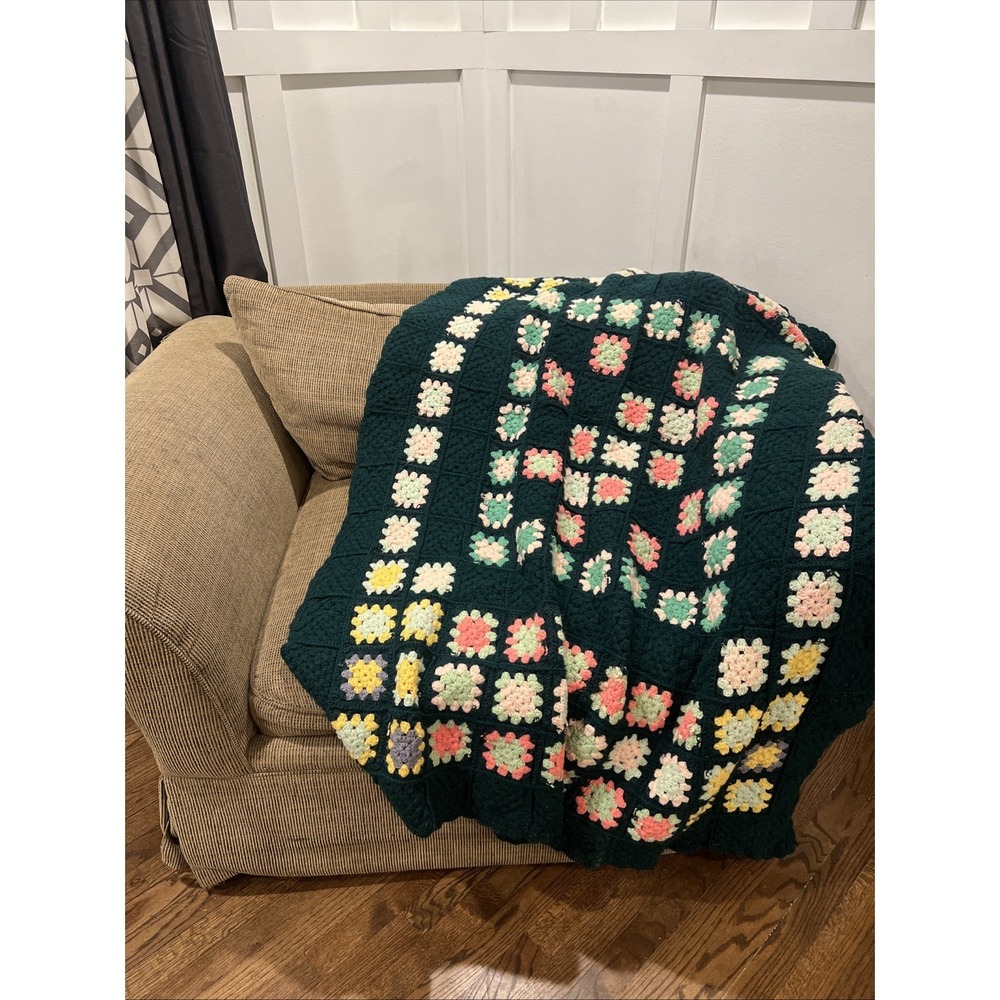 VTG Granny Square Afghan Throw 67 X 48 Green Roseanne Granny Cottage Core